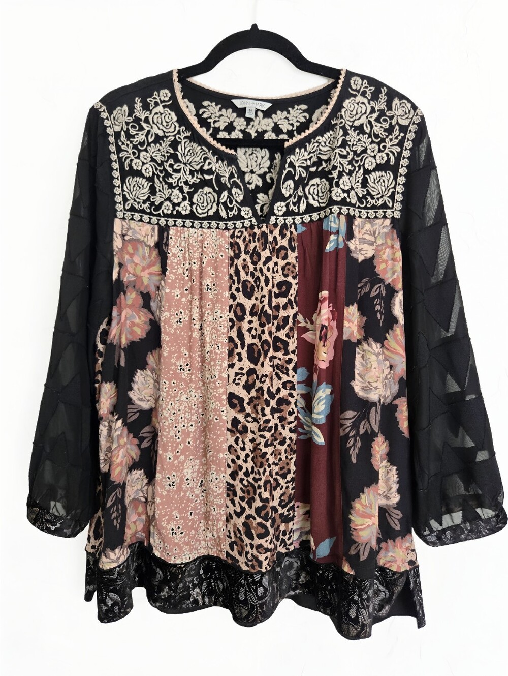 John Mark Embroidered Velvet Boho Leopard Burnout Top, M